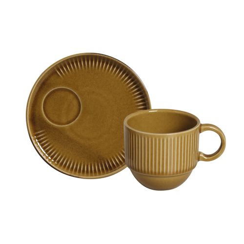 Linhas Stackable Tea Cup With Saucer Stoneware 7.78oz Amber