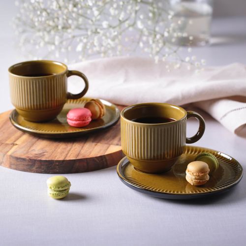 Linhas Stackable Tea Cup With Saucer Stoneware 7.78oz Amber