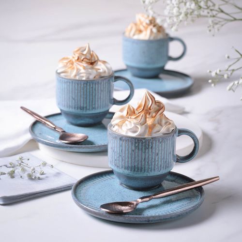 Linhas Stackable Tea Cup With Saucer Stoneware 7.78oz Breeze