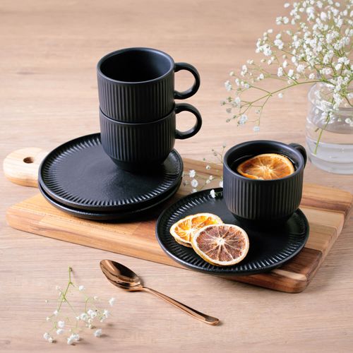 Linhas Stackable Tea Cup With Saucer Stoneware 7.78oz Black Matte
